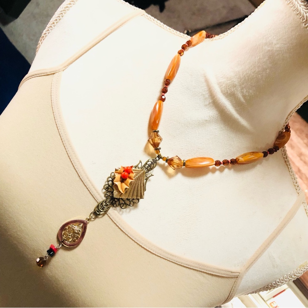 Handcrafted repurpose brass filigree pendant vintage beaded necklace